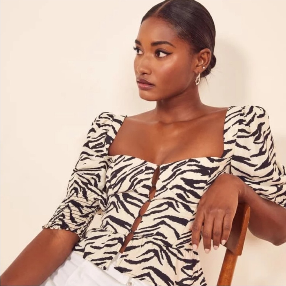 Reformation Dallas Top in Black and White Zebra Print